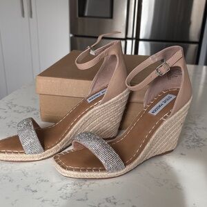 Steve Madden Nude Espadrille Wedge Sandals with Rhinestone toe Strap